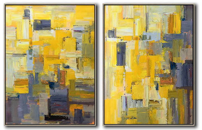 Large Abstract Art Handmade Painting,Set Of 2 Contemporary Art On Canvas,Extra Large Artwork,Yellow,Grey,Brown,White.Etc